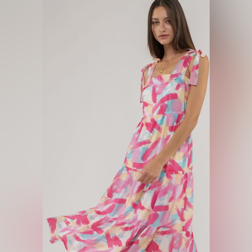 NWT Blu Pepper Brush Stroke Print Tiered Midi Dress - Picture 3 of 3